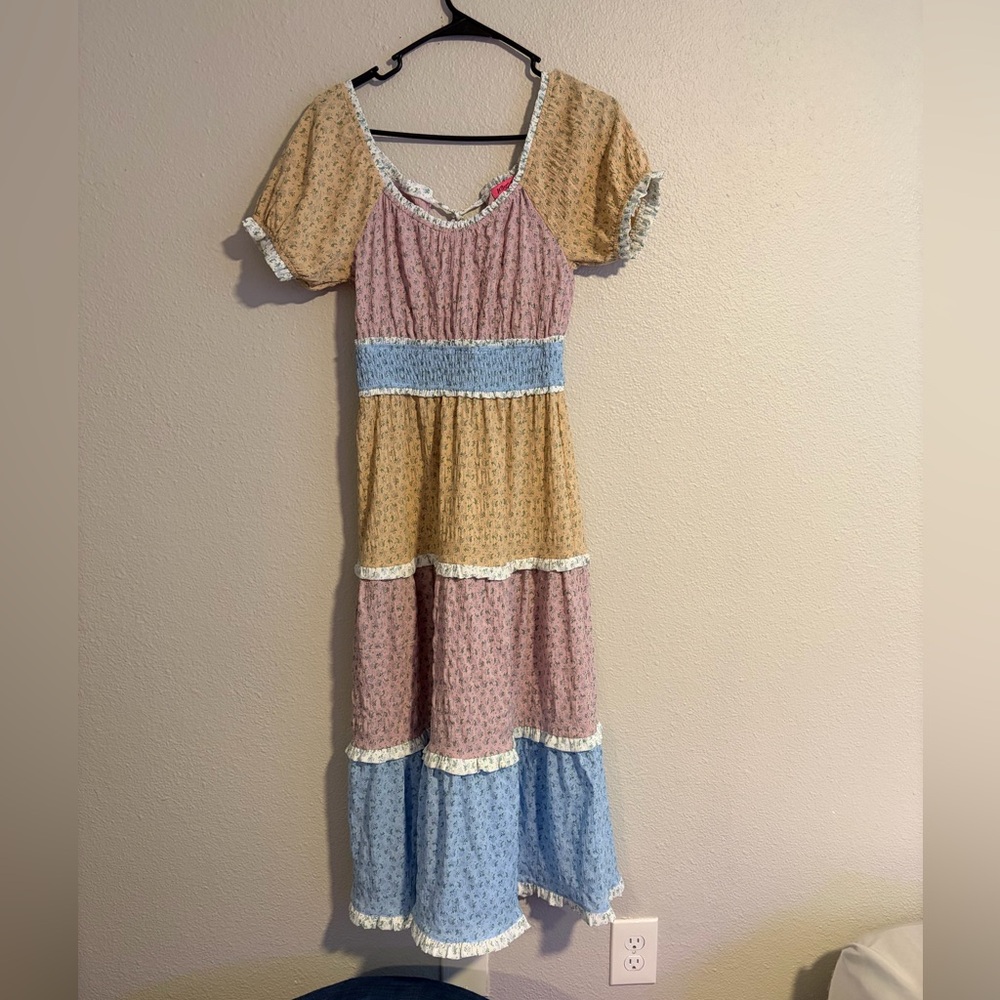 Betsey Johnson Cottagecore Multicolor Patchwork Milk Maid Midi Dress